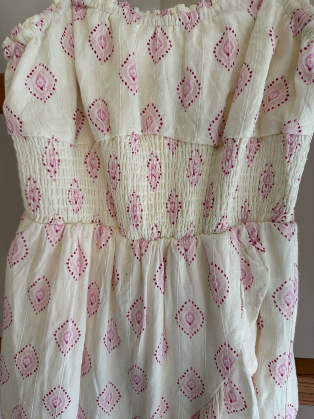 Girls' Cream Sundress with Pink Diamond Print - Spaghetti Strap Casual Dress - Picture 2 of 6